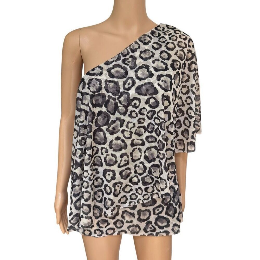 White House Black Market One Shoulder Leopard Print Mesh Drape Top size M NWT